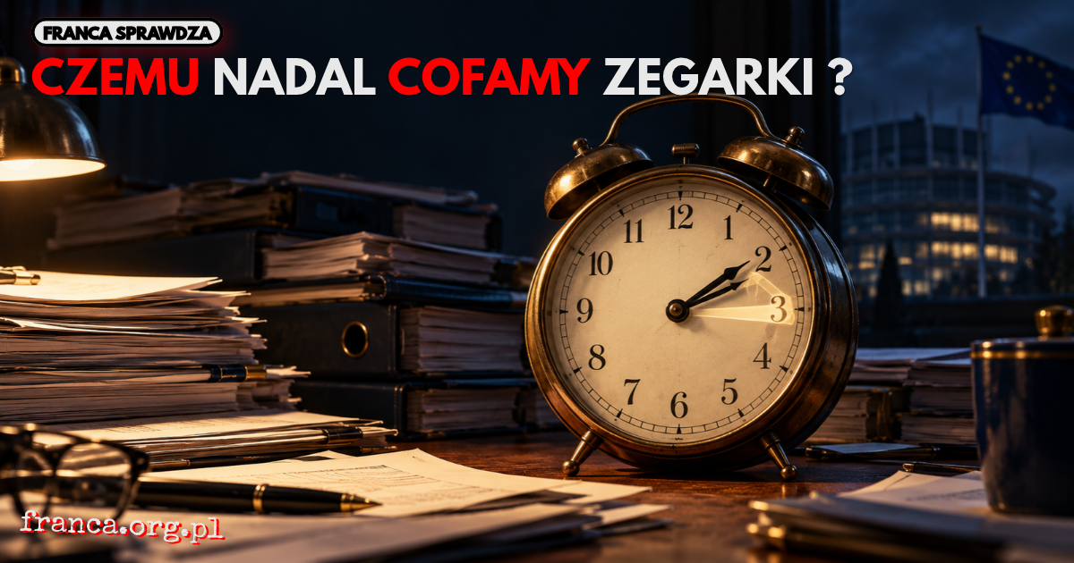 Mechaniczny zegar stojący na drewnianym biurku pośród dokumentów. Jego wskazówka wskazuje godzinę 2:00, a świetlisty powidok przy godzinie 3:00 symbolizuje cofnięcie czasu. Ciemne wnętrze gabinetu tworzy atmosferę niedokończonej reformy europejskich przep