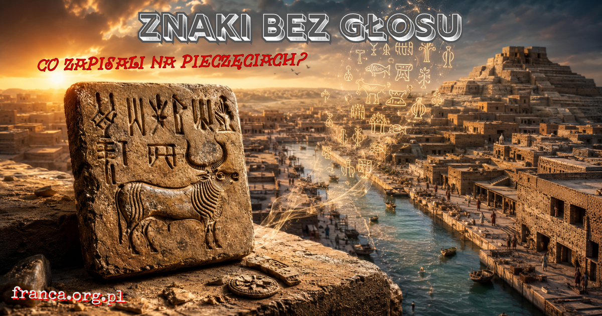 Monumentalna pieczęć Indusu wyłania się z wyschniętej ziemi przed ruinami starożytnego miasta, a jej niemożliwy cień tworzy zarys zamkniętych drzwi.